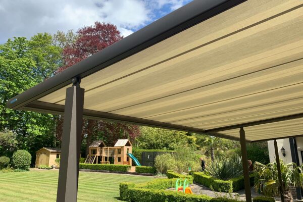 Yellow Striped Electric Pergola with Retractable Canopy