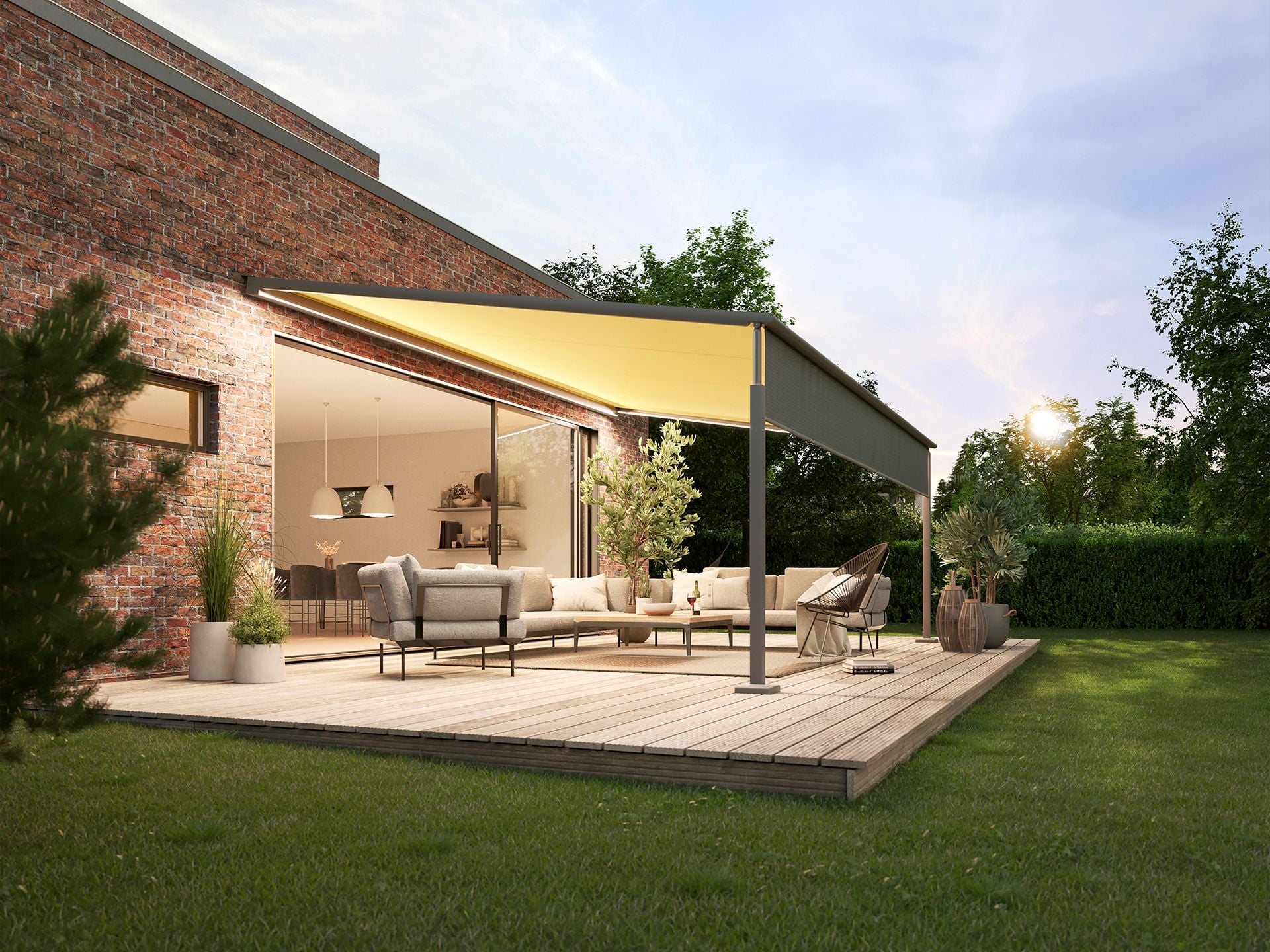 Markilux Pergola Compact awning extended over a patio, installed by AQ Blinds