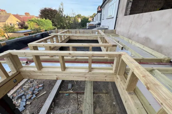 Timber framework prepared during extension build for concealed awning fixings